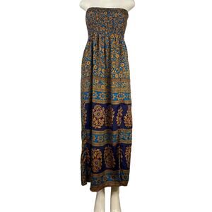 RAGA Addalynn Strapless Smocked Floral Maxi Dress Blue Copper Size Medium